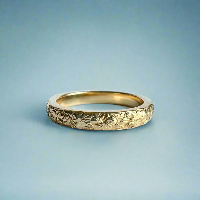 Hibiscus & Plumeria with Leaves 3mm Barrel Ring in 14K Yellow Gold