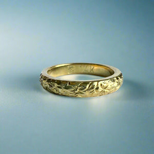 Hibiscus & Plumeria with Leaves 3mm Barrel Ring in 14K Green Gold