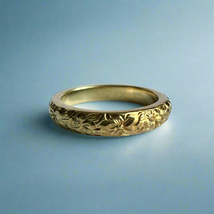 Hibiscus & Plumeria with Leaves 3mm Barrel Ring in 14K Green Gold