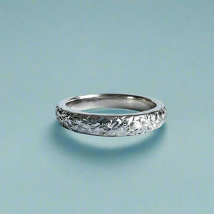 Plumeria with Leaves All Around 3mm Barrel Ring in 14K White Gold