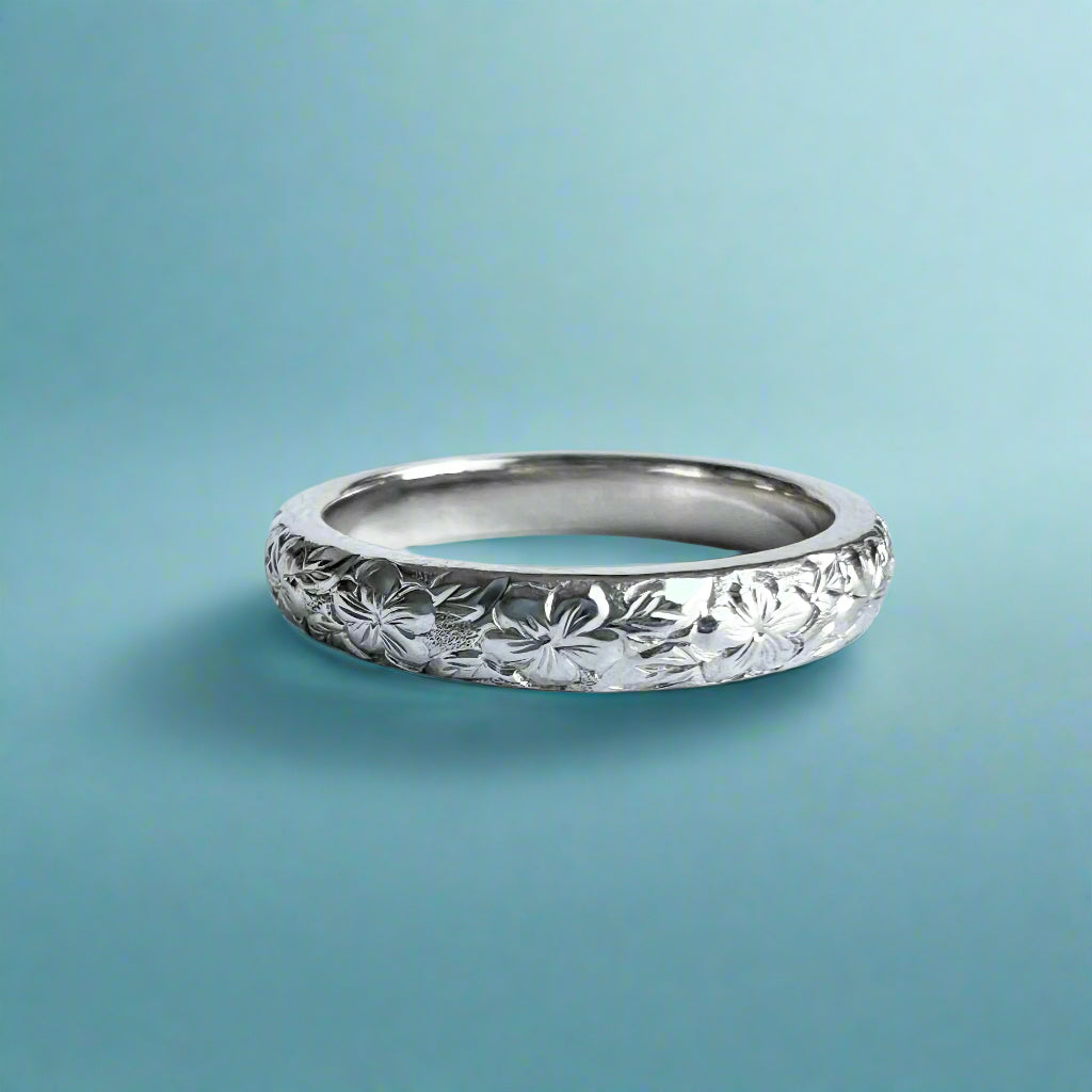 Plumeria with Leaves All Around 3mm Barrel Ring in 14K White Gold