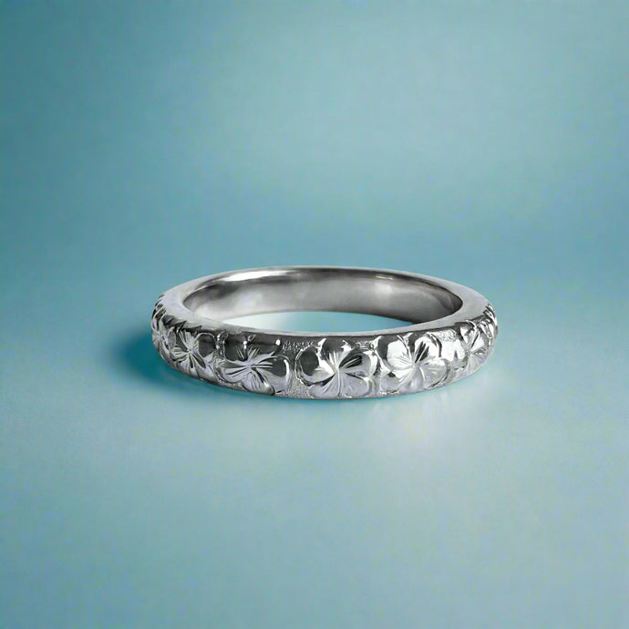 Plumeria All Around 3mm Barrel Ring in 14K White Gold
