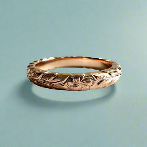 Scalloped Maile & Plumeria 3mm Ring in 14K Pink Gold