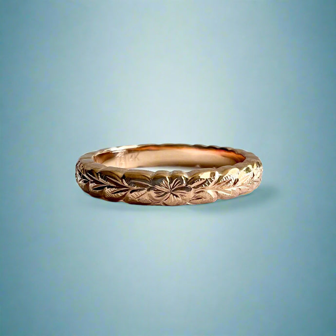 Scalloped Maile & Plumeria 3mm Ring in 14K Pink Gold