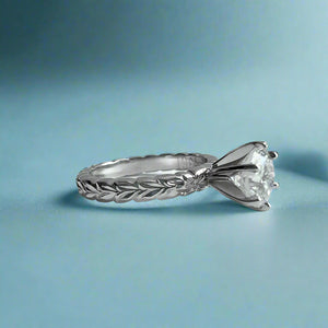 Scalloped Shiny Maile & Hibiscus Solitaire Ring with Diamond in 14K White Gold in size 6