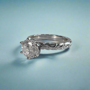 Scalloped Shiny Maile & Hibiscus Solitaire Ring with Diamond in 14K White Gold in size 6