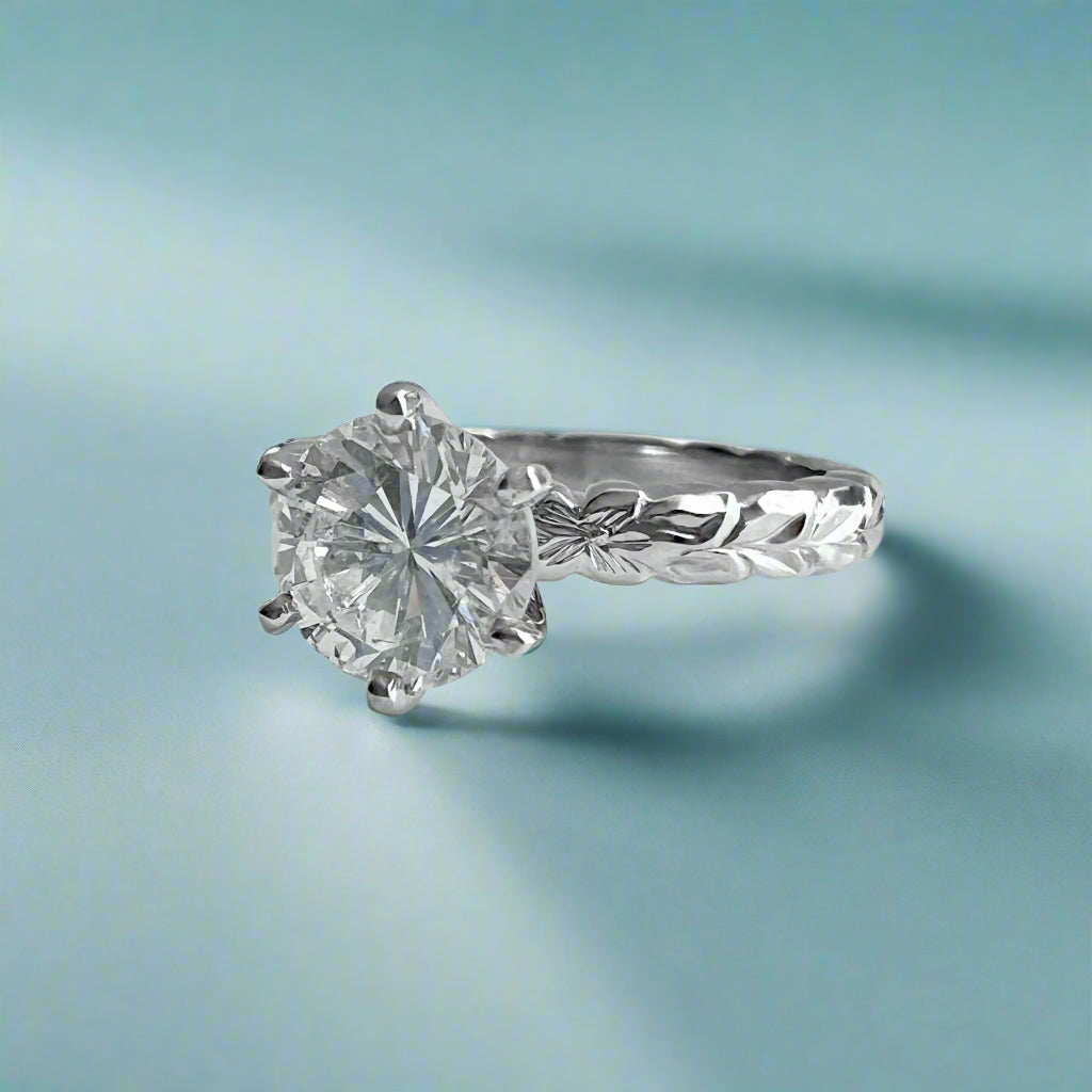 Scalloped Shiny Maile & Hibiscus Solitaire Ring with Diamond in 14K White Gold in size 6