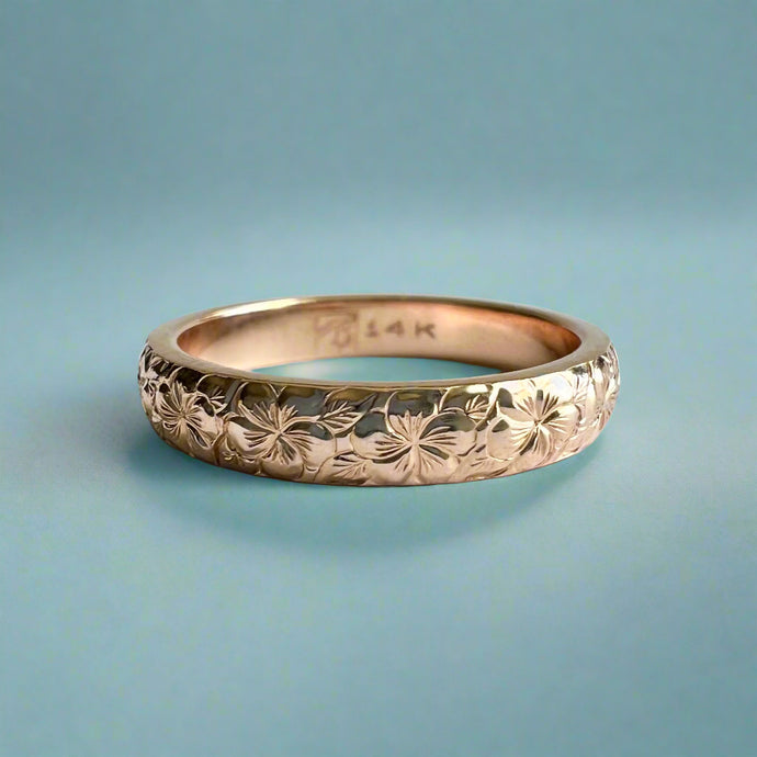 Plumeria with Leaves All Around 4mm Ring in 14K Pink Gold