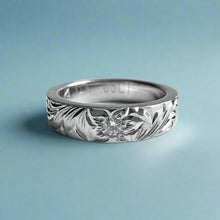 Load image into Gallery viewer, Old English &amp; Hibiscus 4mm Flat Ring with Diamond in 14K White Gold
