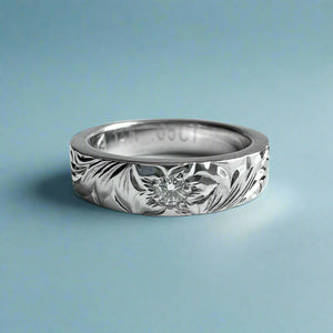 Old English & Hibiscus 4mm Flat Ring with Diamond in 14K White Gold