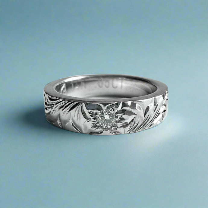 Old English & Hibiscus 4mm Flat Ring with Diamond in 14K White Gold
