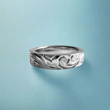 Load image into Gallery viewer, Old English &amp; Hibiscus 4mm Flat Ring with Diamond in 14K White Gold
