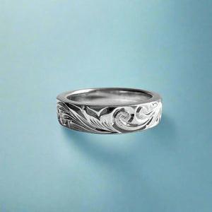 Old English & Hibiscus 4mm Flat Ring with Diamond in 14K White Gold