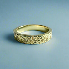 Load image into Gallery viewer, Hibiscus Kiss Design 4mm Flat Ring in 14K Green Gold
