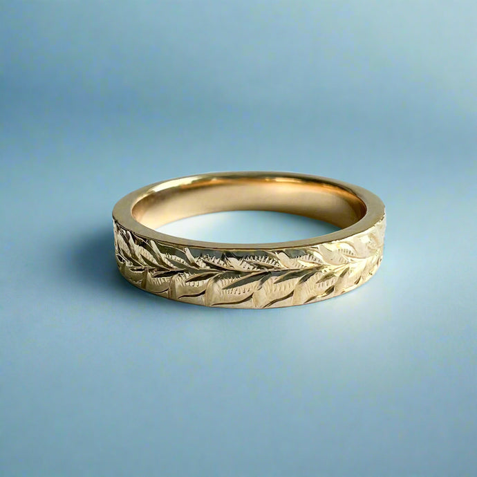 Maile All Around 4mm Hawaiian Flat Ring in 14K Yellow Gold