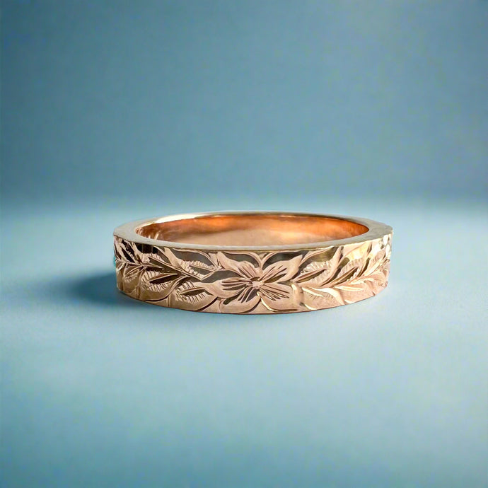 Maile & Hibiscus 4mm Flat Ring in 14K Pink Gold