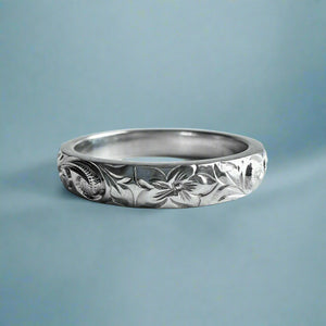Old English & Hibiscus 4mm "Mauloa" Ring in 14K White Gold