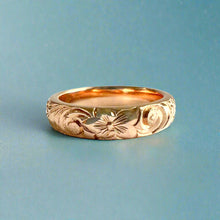 Load image into Gallery viewer, Old English &amp; Plumeria 4mm Barrel Ring in 14K Pink Gold
