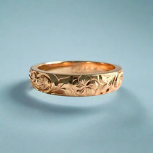 Load image into Gallery viewer, Old English &amp; Plumeria 4mm Barrel Ring in 14K Pink Gold
