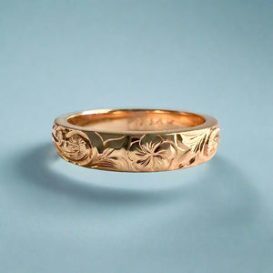 Old English & Plumeria 4mm Barrel Ring in 14K Pink Gold