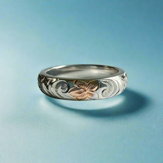 Two-tone Old English 4mm Ring in 14K White Gold with Pink Gold Hibiscus