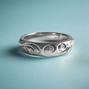 Two-tone Old English 4mm Ring in 14K White Gold with Pink Gold Hibiscus
