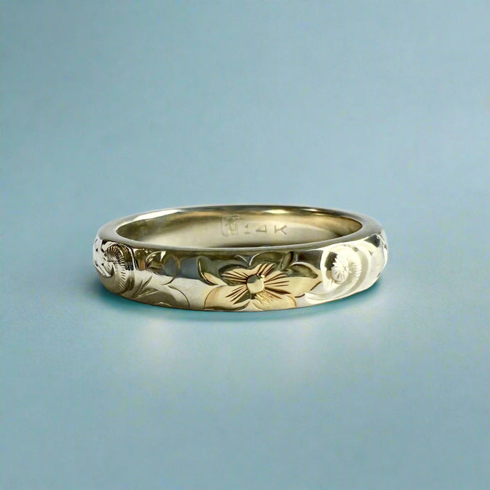 Old English Barrel 4mm Ring in 14K White Gold with Yellow Gold Hibiscus