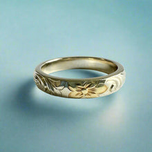 Load image into Gallery viewer, Old English Barrel 4mm Ring in 14K White Gold with Yellow Gold Hibiscus
