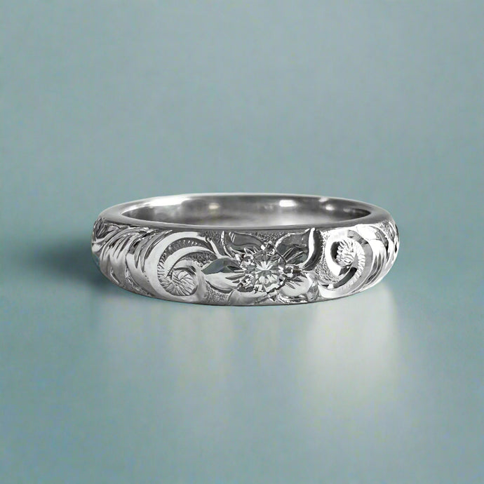 Old English & Hibiscus 4mm Barrel Ring with Diamond in 18K White Gold