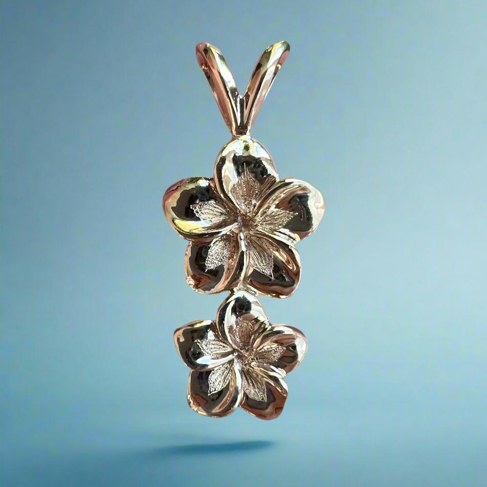 Hawaiian two plumeria vertical pendant 