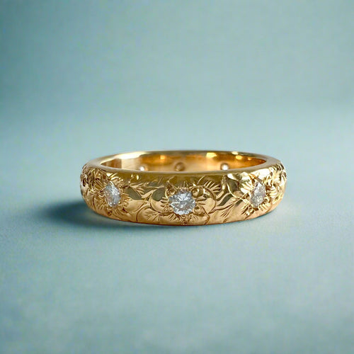 Hibiscus & Plumeria with Leaves & Diamonds 4mm Barrel Ring in 14K Yellow Gold