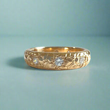 Load image into Gallery viewer, Hibiscus &amp; Plumeria with Leaves &amp; Diamonds 4mm Barrel Ring in 14K Yellow Gold
