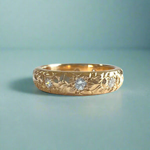 Hibiscus & Plumeria with Leaves & Diamonds 4mm Barrel Ring in 14K Yellow Gold