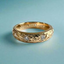 Load image into Gallery viewer, Hibiscus &amp; Plumeria with Leaves &amp; Diamonds 4mm Barrel Ring in 14K Yellow Gold
