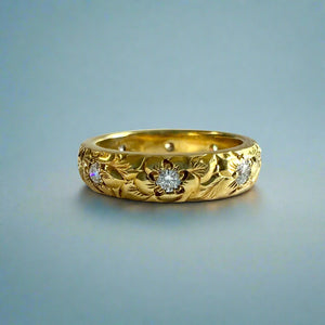 Hibiscus & Plumeria with Leaves & Diamonds 4mm Ring in 14K Green Gold