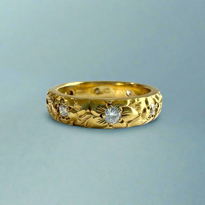 Hibiscus & Plumeria with Leaves & Diamonds 4mm Ring in 14K Green Gold