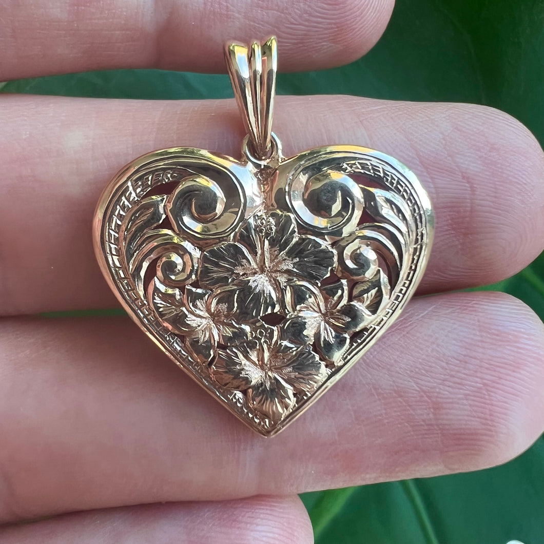 Large Filigree Hawaiian Heart Pendant w/Flowers in 14K Yellow or Pink Gold
