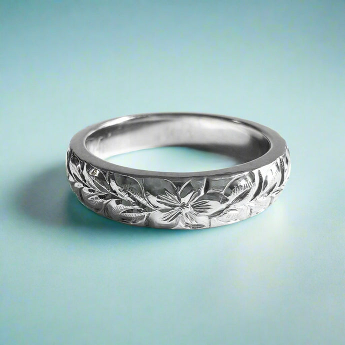 Maile & Hibiscus 4mm Ring in 14K, 18K or Platinum