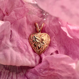Small Puff Heart w/ Hibiscus Flower in 14K Yellow or Pink Gold