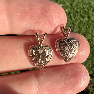 Small Puff Heart w/ Hibiscus Flower in 14K Yellow or Pink Gold