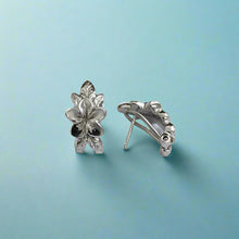 Load image into Gallery viewer, Plumeria with Leaves French Clip Earrings in 14K White Gold
