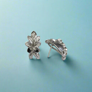 Plumeria with Leaves French Clip Earrings in 14K White Gold