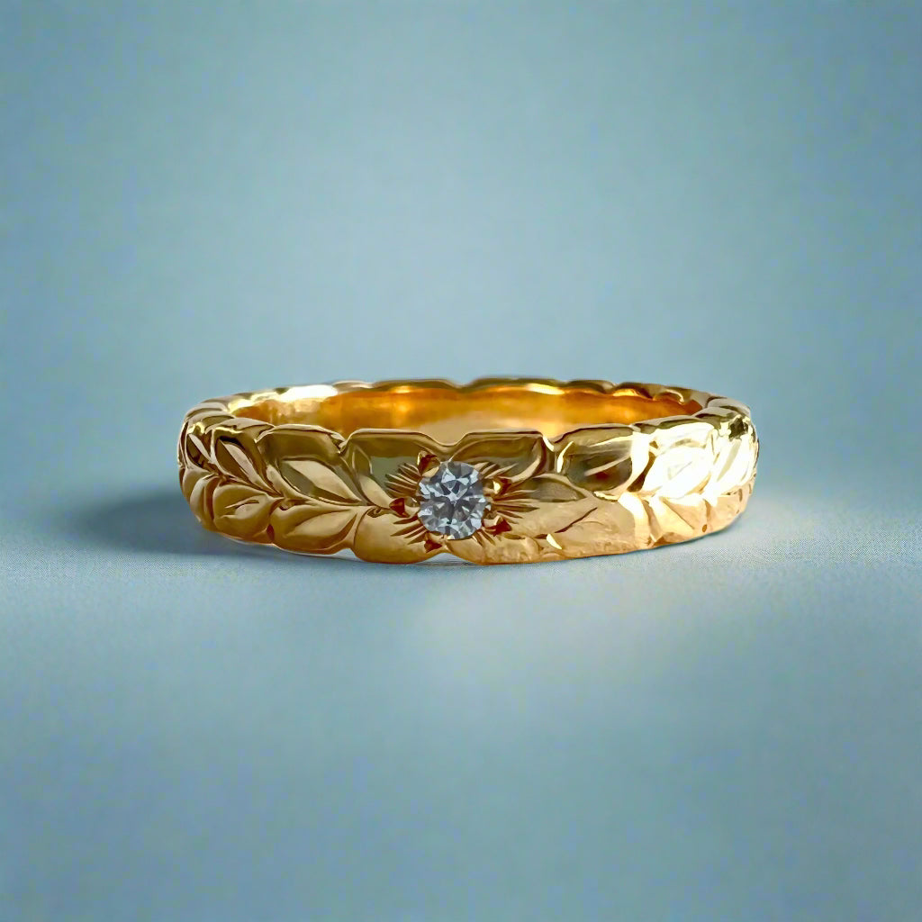 Scalloped Shiny Maile & Hibiscus 4mm Ring with Diamond in 14K Yellow Gold