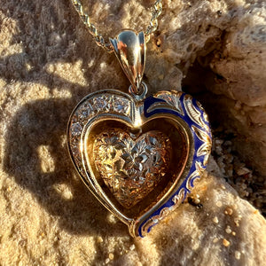 Hawaiian Jewelry Heart Pendant with flower engraving and diamonds