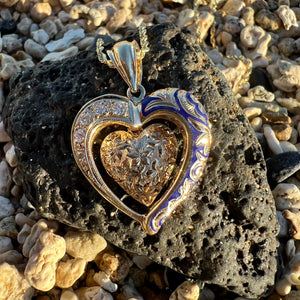 Hawaiian Heart Pendant with engraved flowers, enamel and diamonds