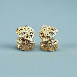 Half Hoop Monstera Earrings with Post in 14K Green Gold