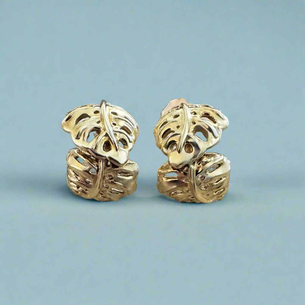 Half Hoop Monstera Earrings with Post in 14K Green Gold