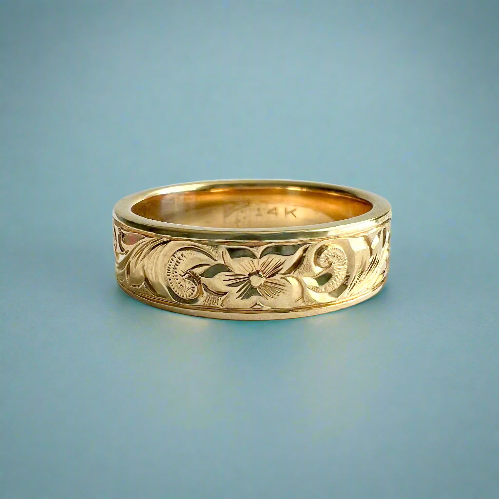 Old English & Hibiscus 6mm Flat Ring in 14K Yellow Gold
