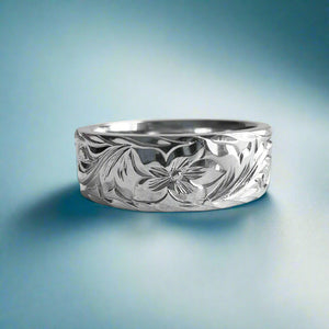 Old English & Hibiscus 6mm Hawaiian Flat Ring in 18K White Gold