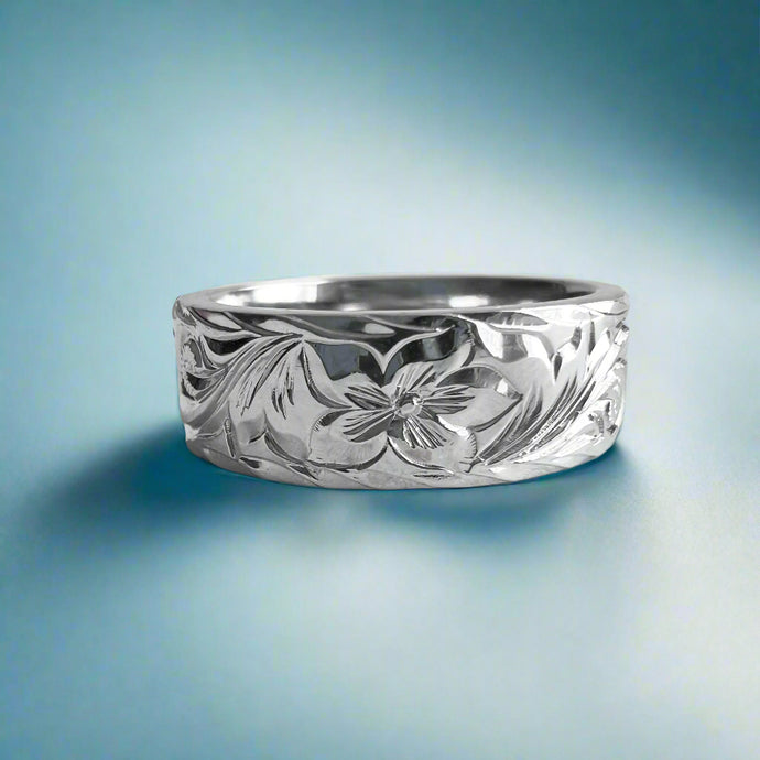 Old English & Hibiscus 6mm Hawaiian Flat Ring in 18K White Gold